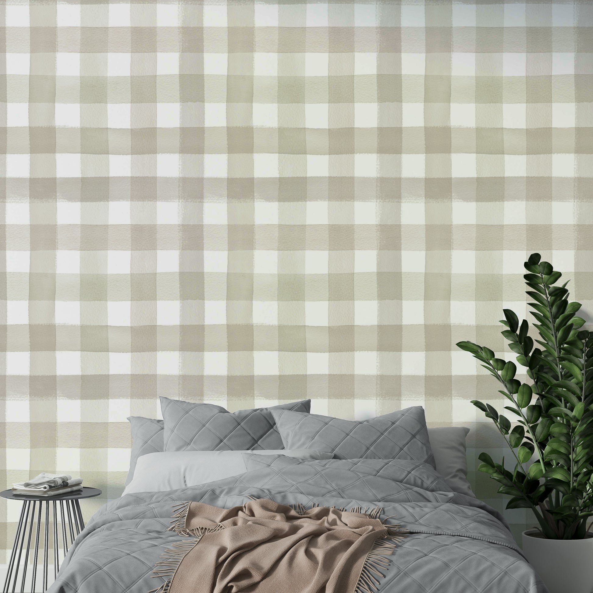 Beige gingham wallpaper with watercolor texture

