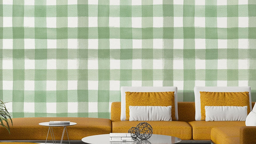 Soft green checks wallpaper for modern spaces

