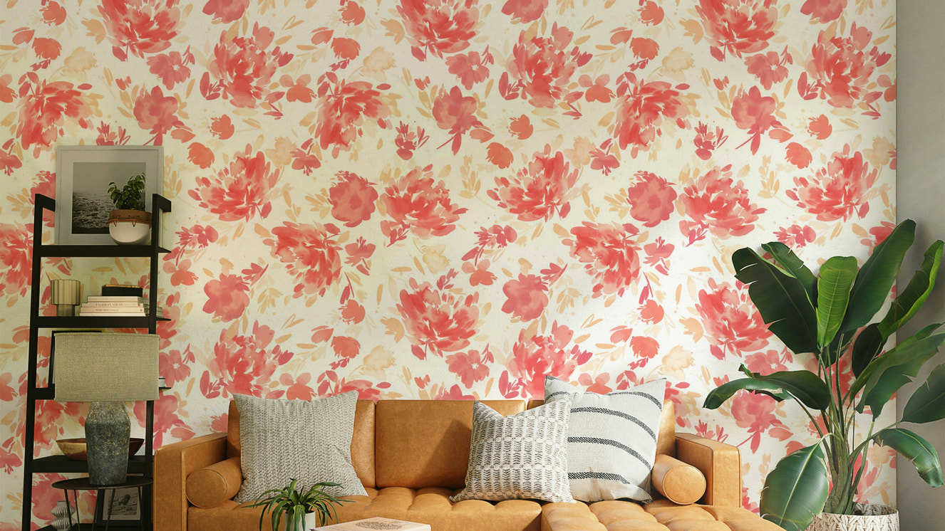 Watercolor floral mural in coral and peach palette

