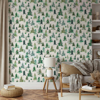 Soft tones of watercolor forest spruces wallpaper