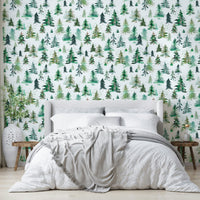 Watercolor forest wallpaper with spruces