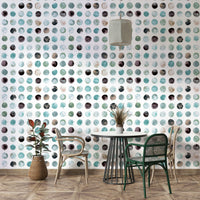 Aqua blue watercolor dots wallpaper in Scandi style.

