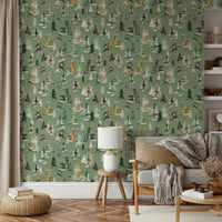 Tranquil Sage Green Forest Watercolor Pines Wallpaper

