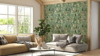 Sage Green Forest Wallpaper with Watercolor Pines

