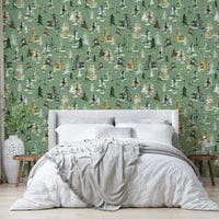 Watercolor Pines Forest Wallpaper in Sage Green Shades

