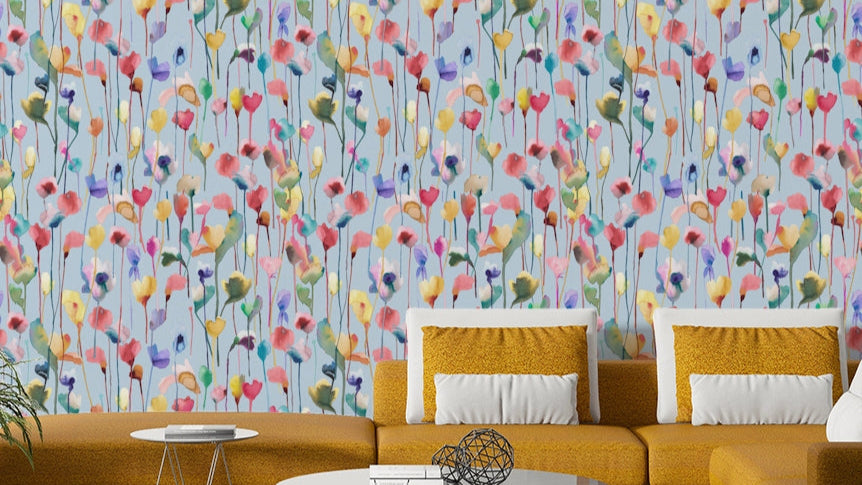 Watery Watercolor Artistic Flowers Light Blue Wallpaper⁠