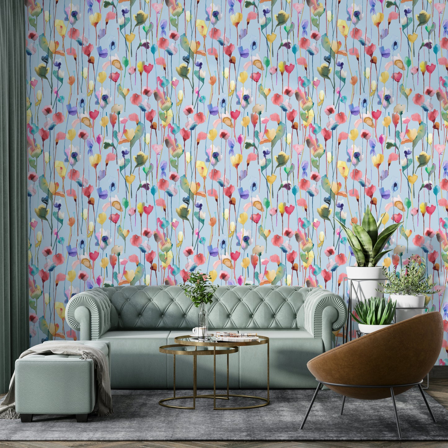Watery Watercolor Artistic Flowers Light Blue Wallpaper⁠