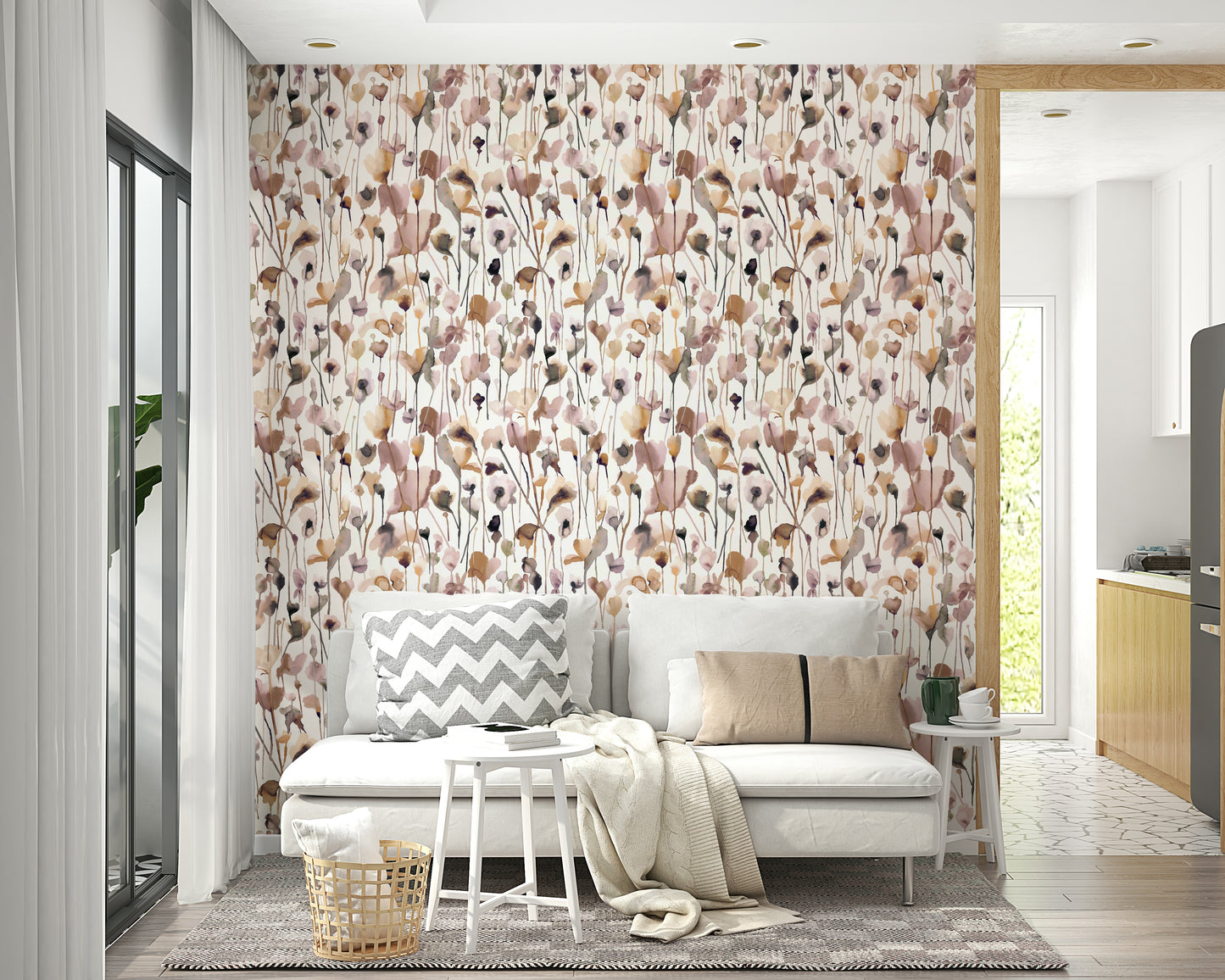 Wild flowers watercolor wallpaper in natural beige.


