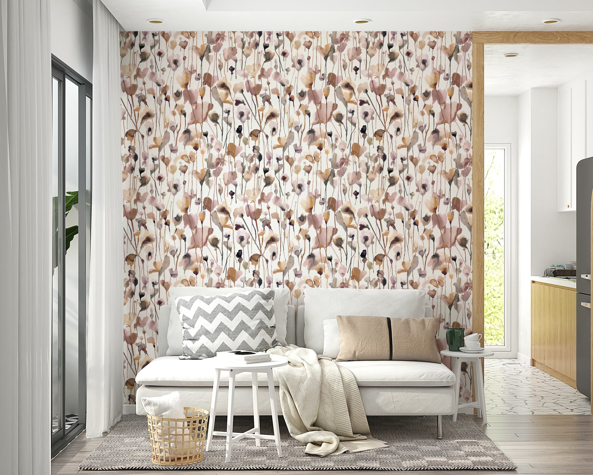 Wild flowers watercolor wallpaper in natural beige.

