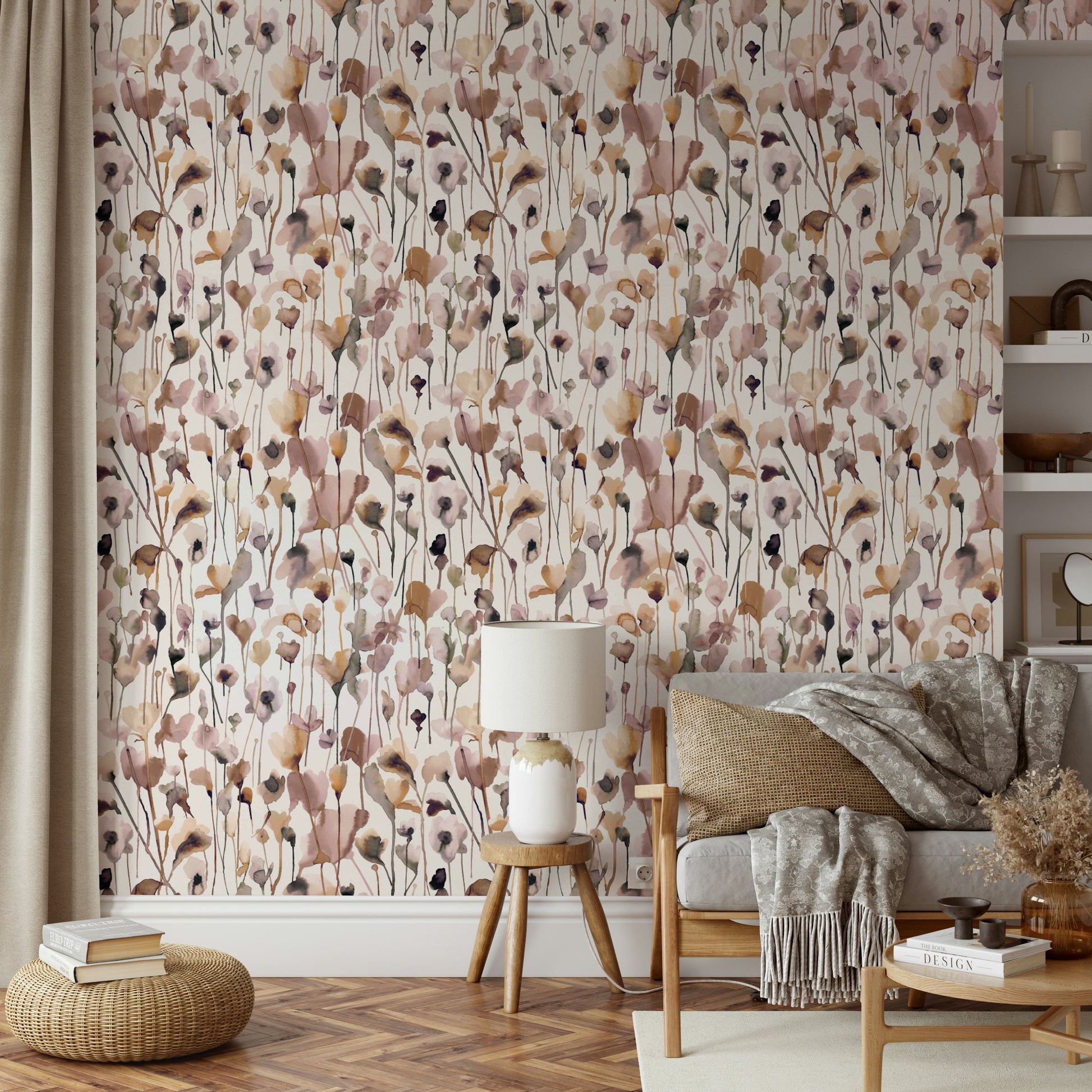 Beautiful wildflower watercolor design on beige wallpaper.

