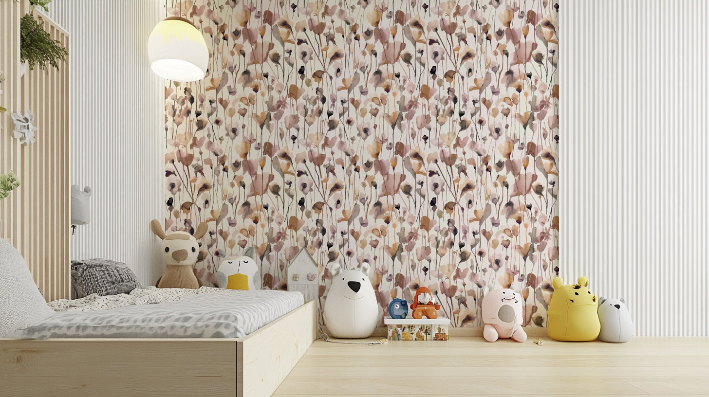 Soft beige watercolor wallpaper with wildflower design.

