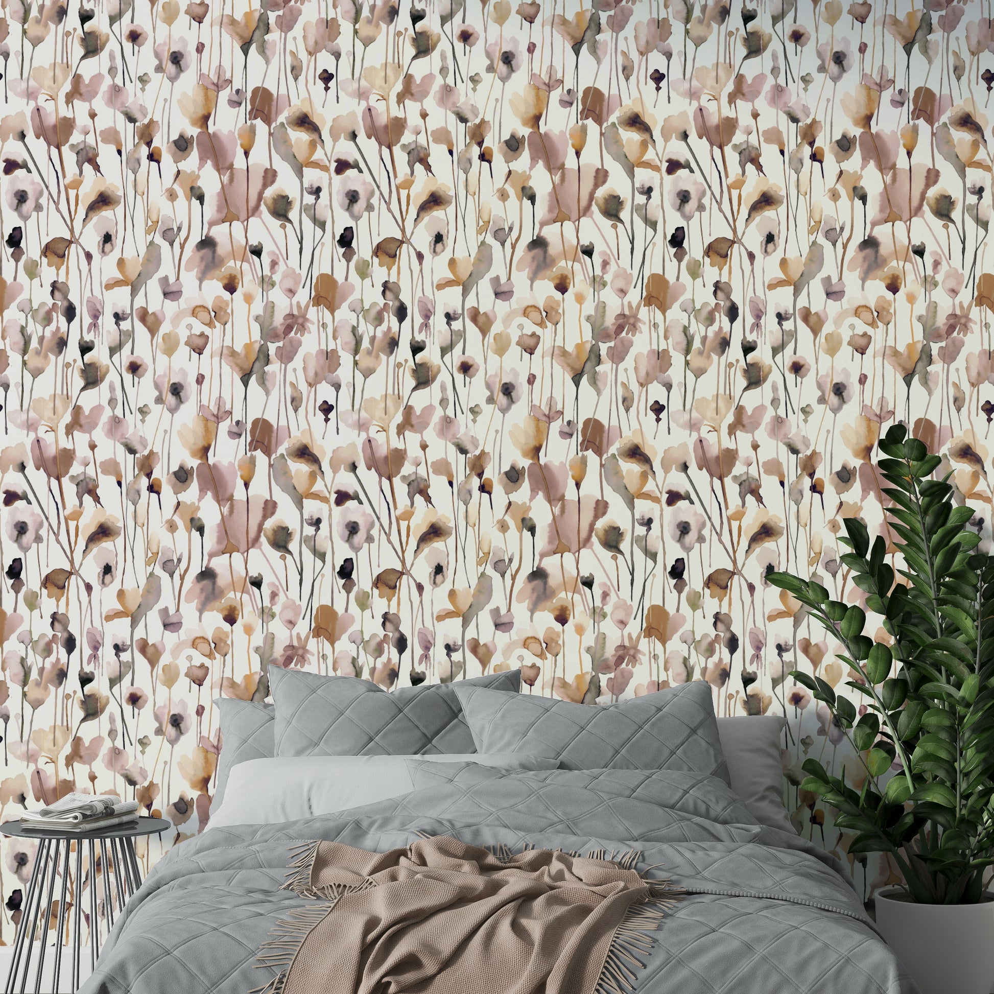 Elegant wildflowers watercolor on beige wallpaper.

