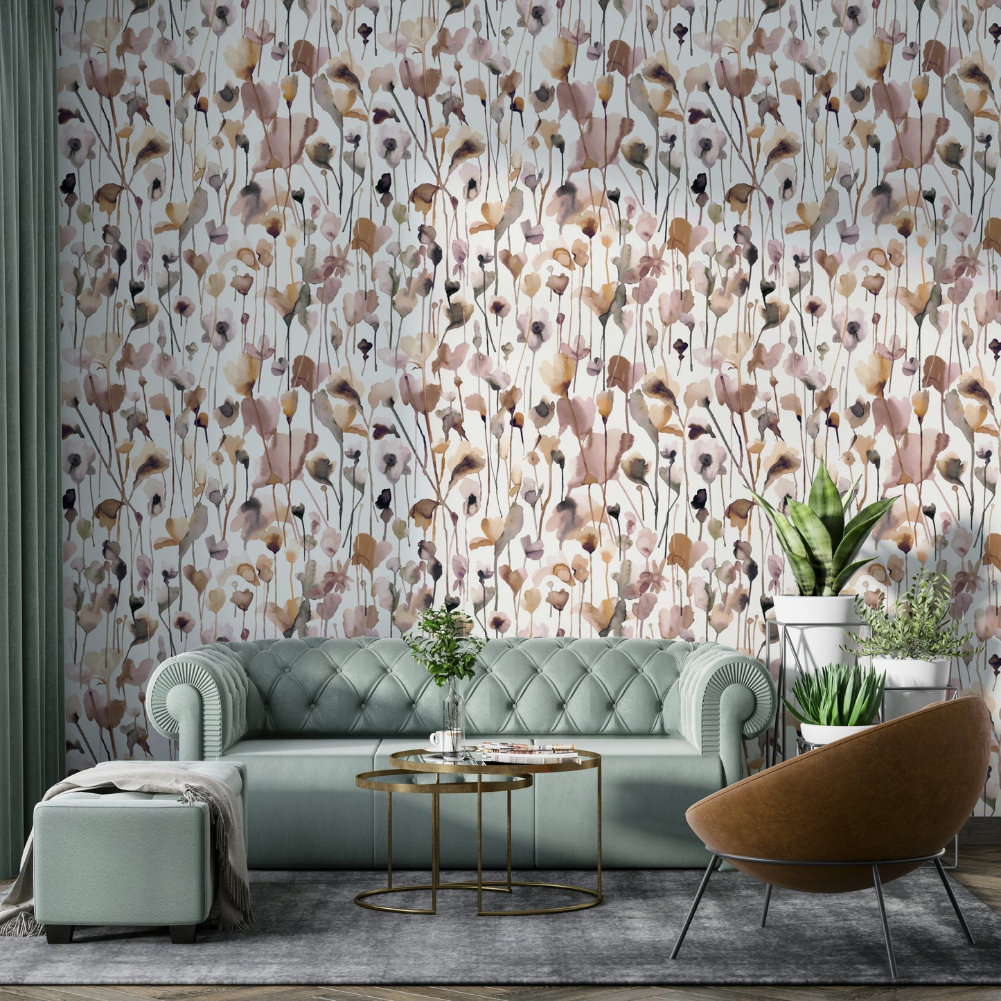 Soft beige wildflower watercolor wallpaper for interiors.

