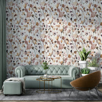 Soft beige wildflower watercolor wallpaper for interiors.

