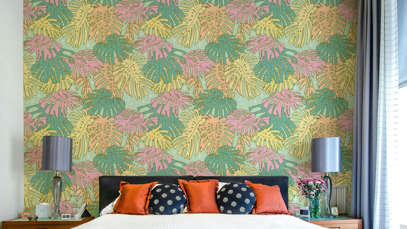Palm Springs Retro Aqua Wallpaper with Monstera Leaves

