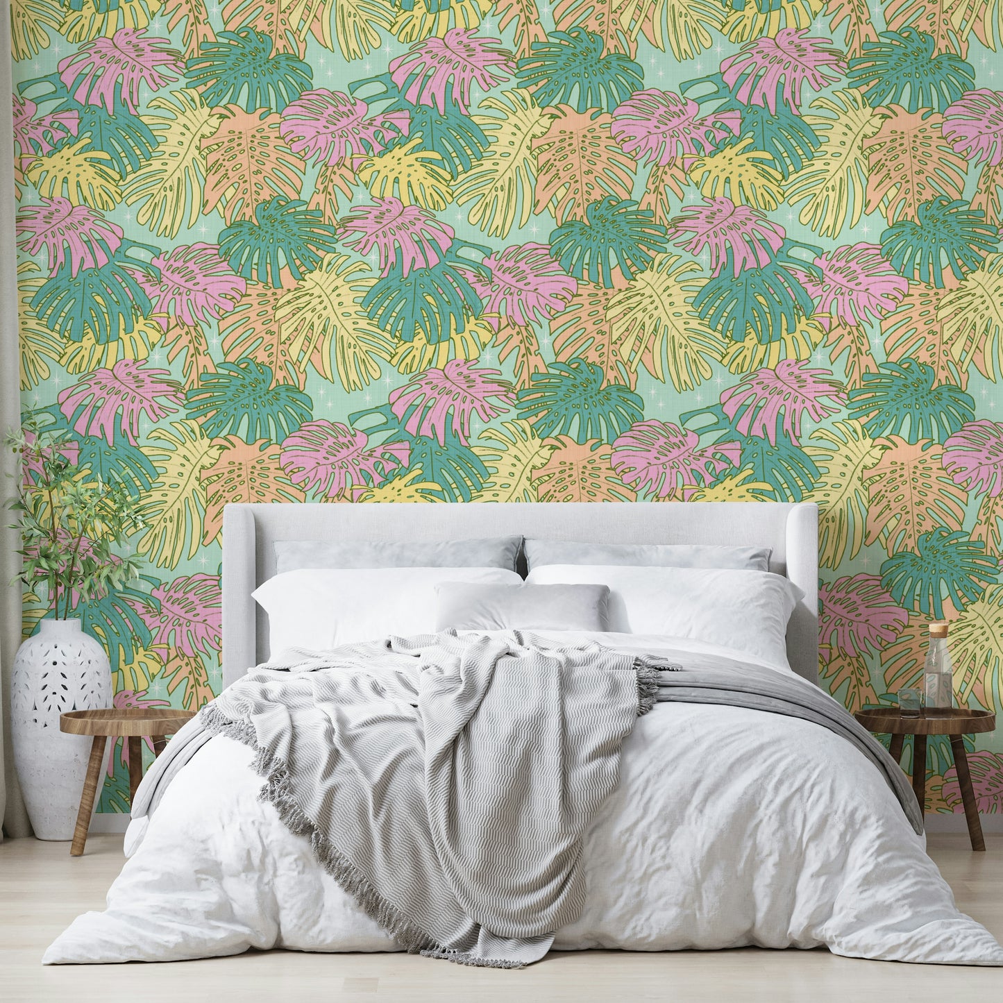 Pastel Monstera Wallpaper with Retro Palm Springs Vibes

