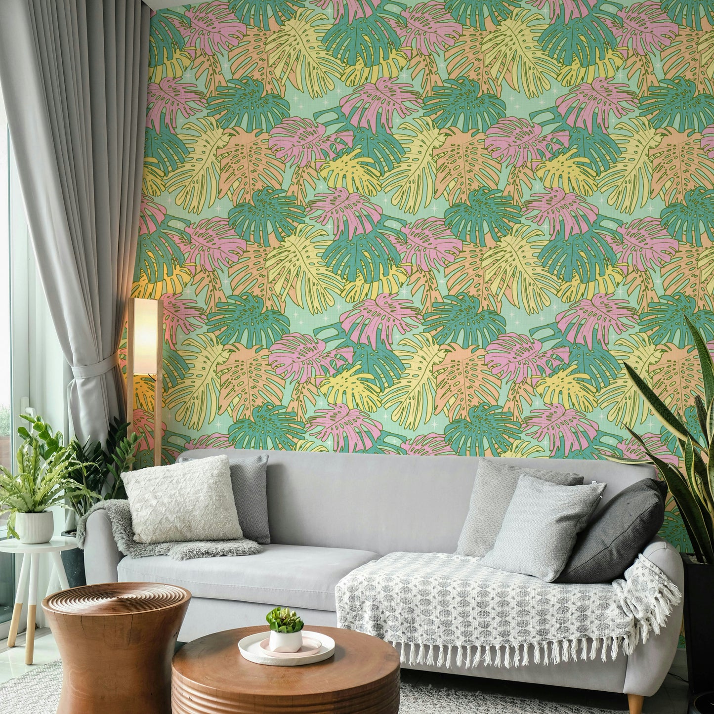 Aqua Palm Springs Retro Monstera Wallpaper Design


