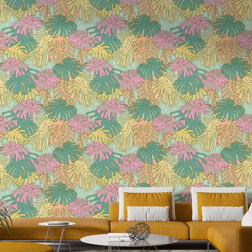 Fresh Aqua Monstera Wallpaper in Palm Springs Retro Design

