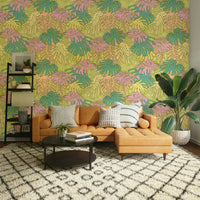 Palm Springs retro avocado wallpaper with monstera pattern

