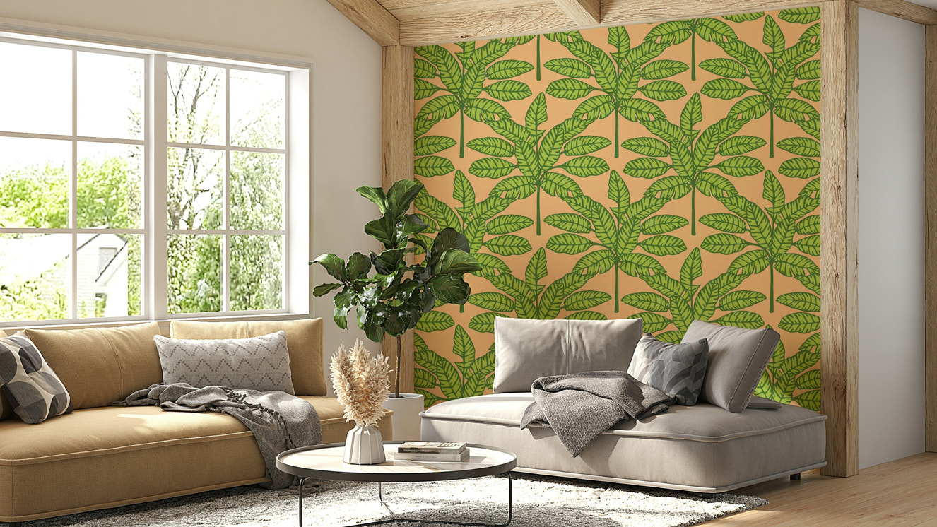 Mid-century modern desert leaves design in green and orange

