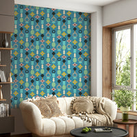 Mid-century modern design featuring blue abstract shapes.

