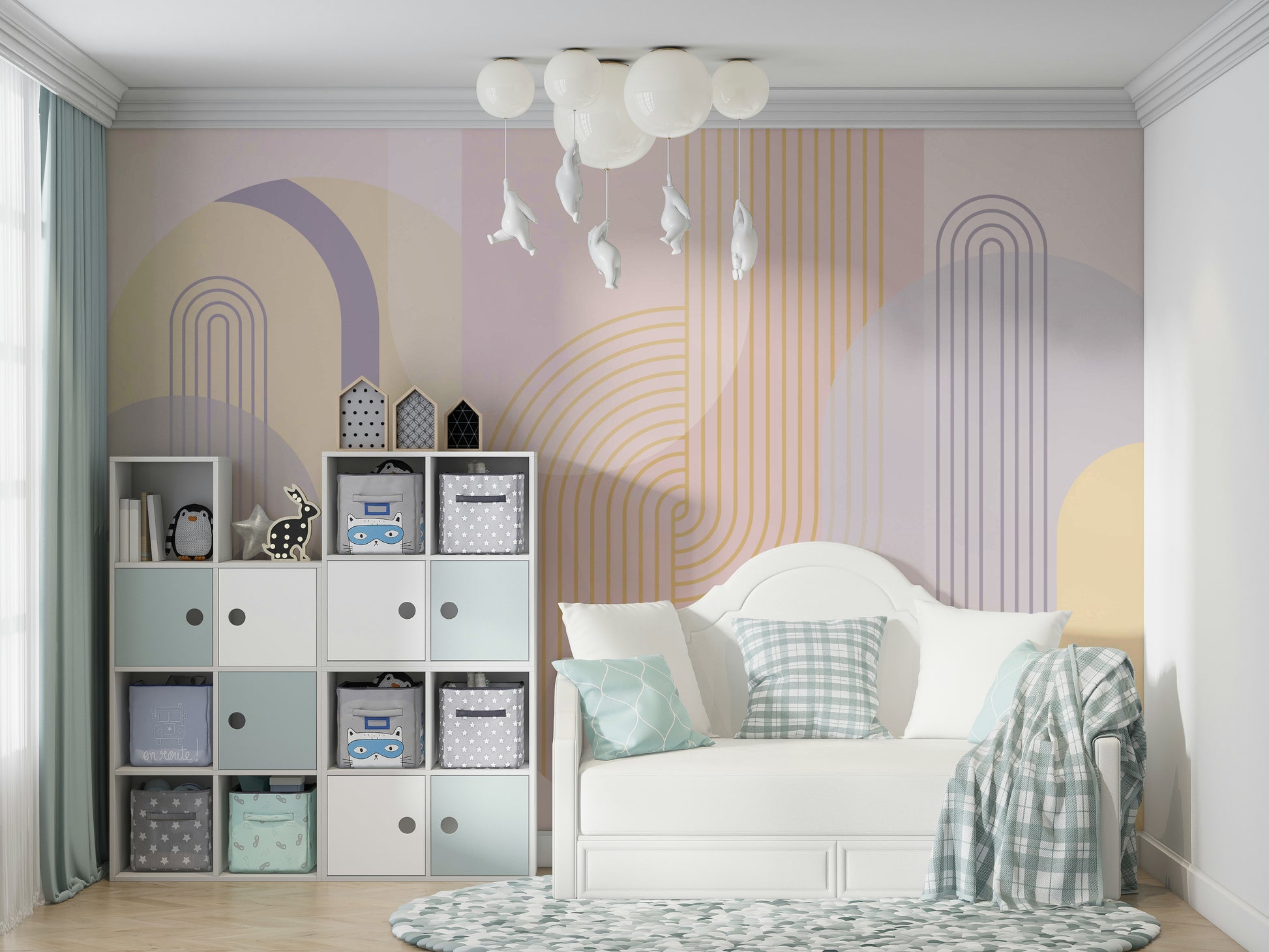 Gentle arches wall mural with soft tones.

