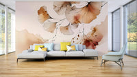 Elegant amber ginkgo leaf pattern wall mural design.

