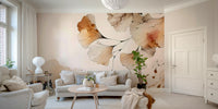 Amber ginkgo design mural with soft, earthy tones.

