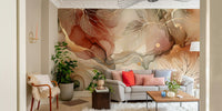 Serene autumn forest mural on walls.

