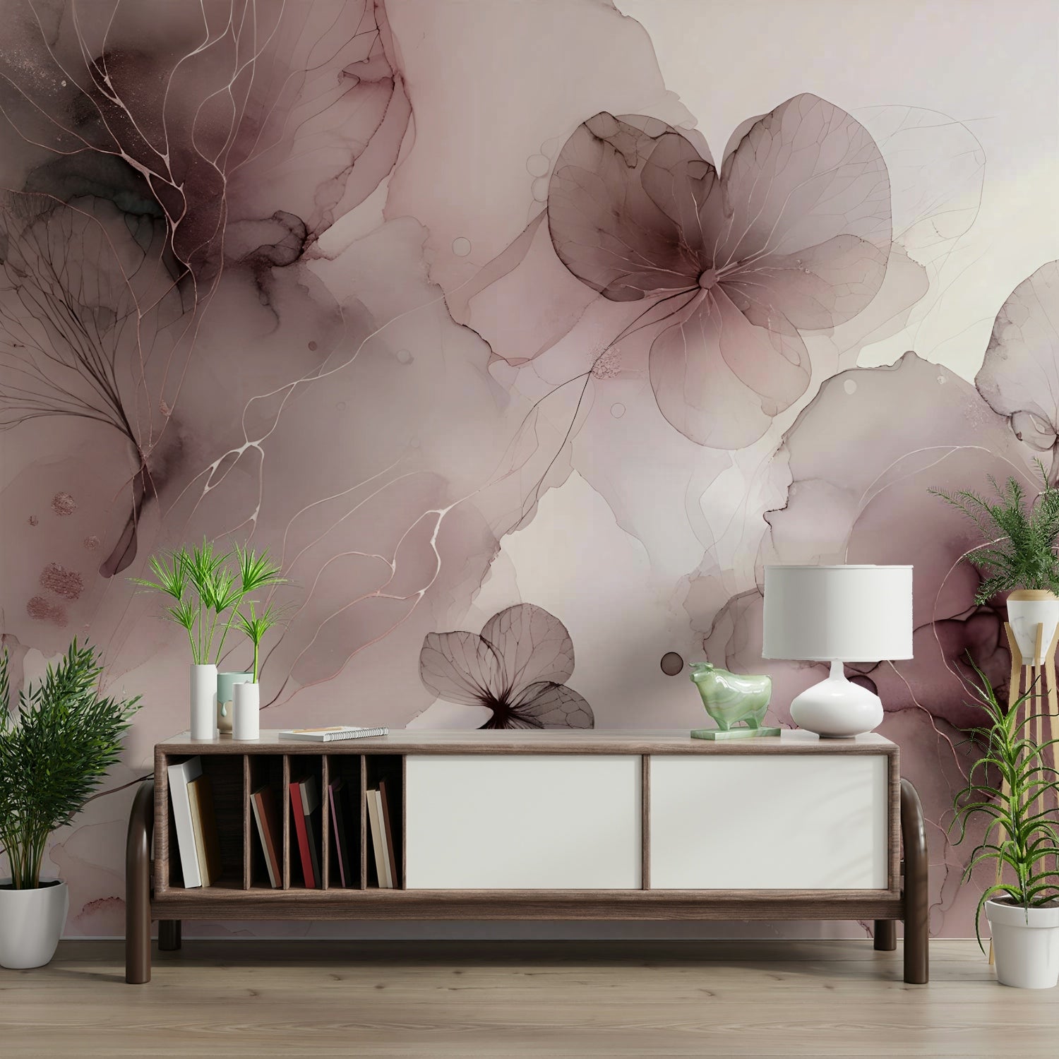 Soft blush botanical mural for bedroom walls


