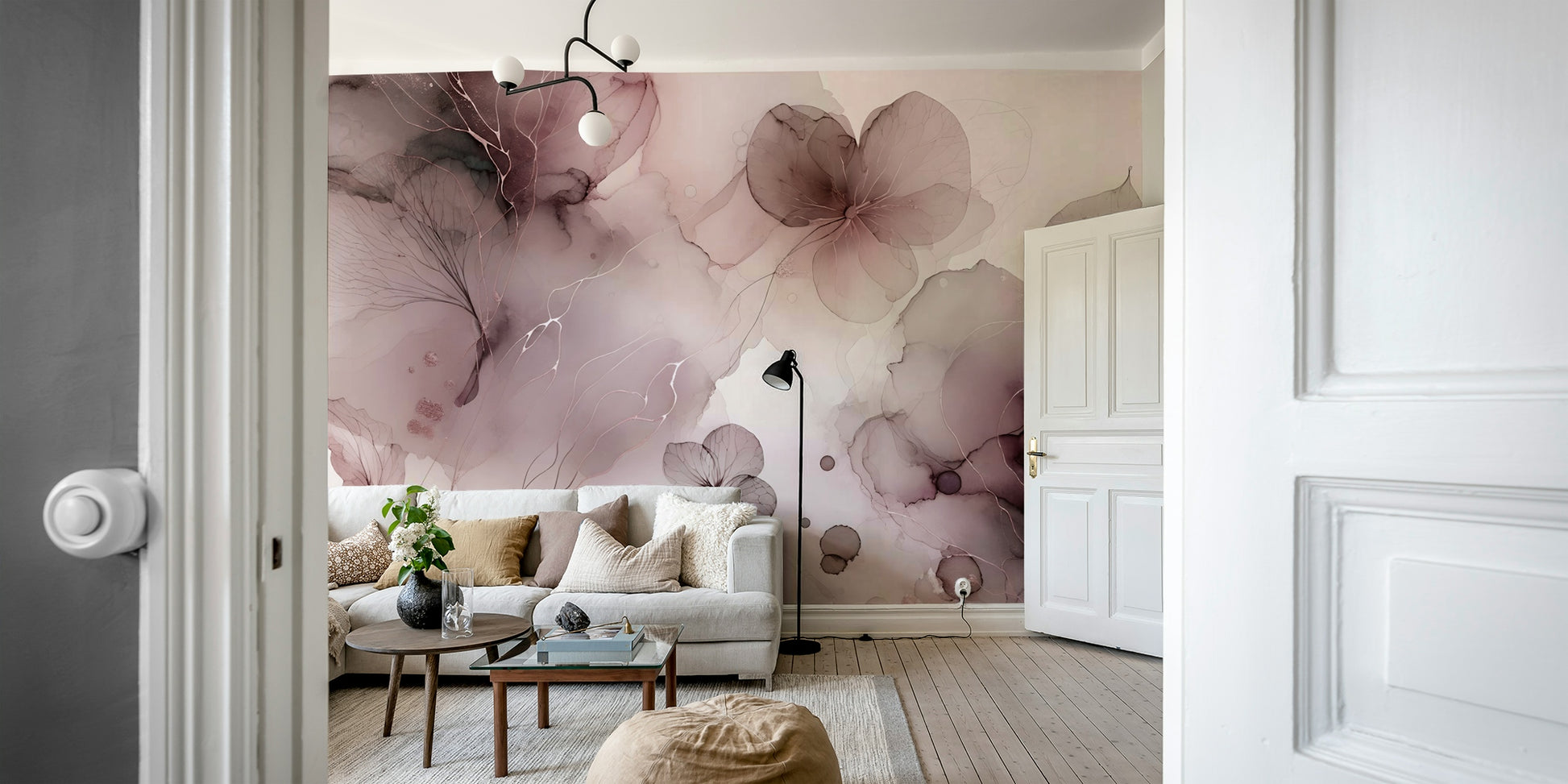 Elegant blush botanical mural for a chic interior

