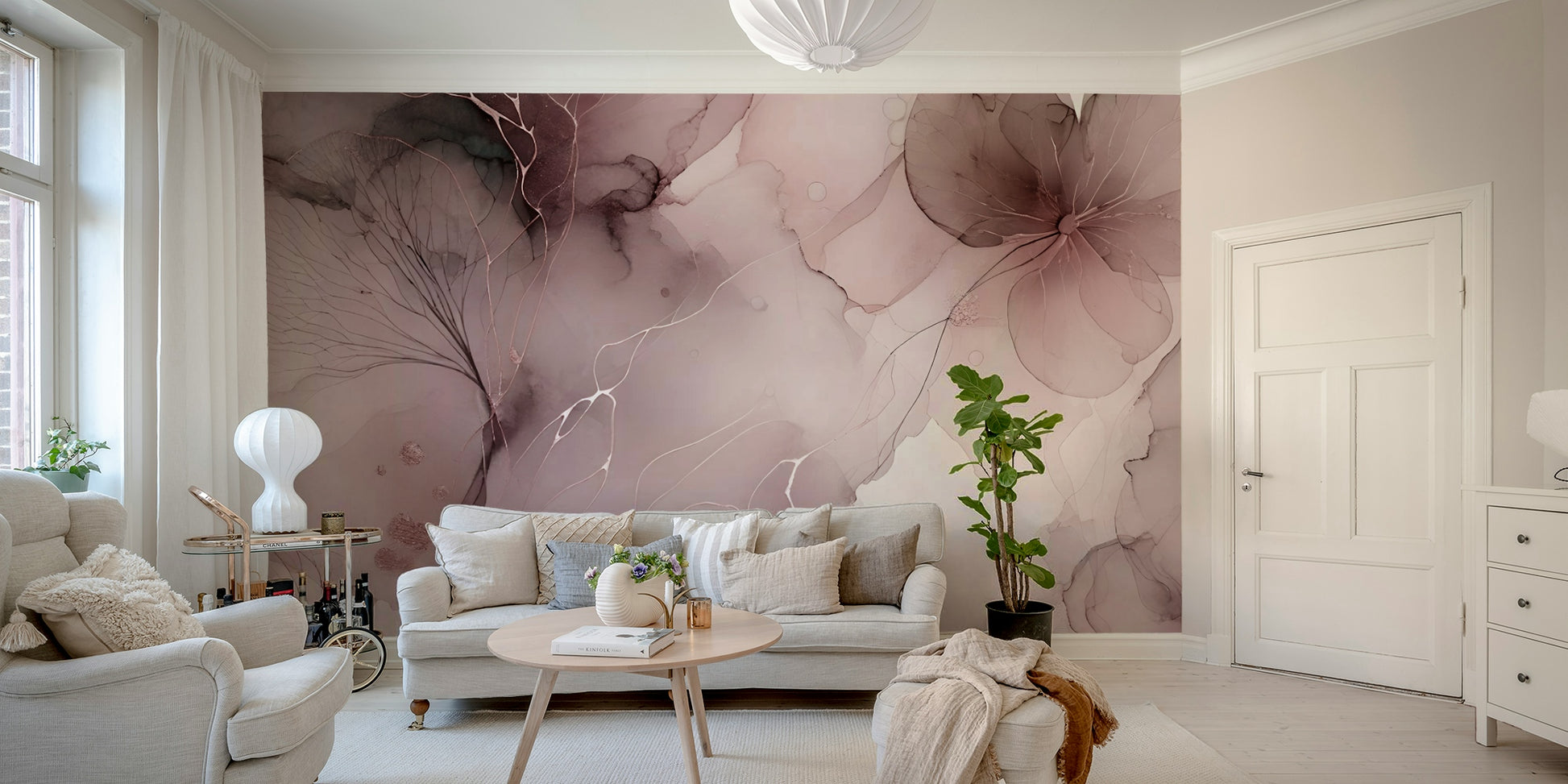 Blush Botanical Whispers Wall Mural in a living room

