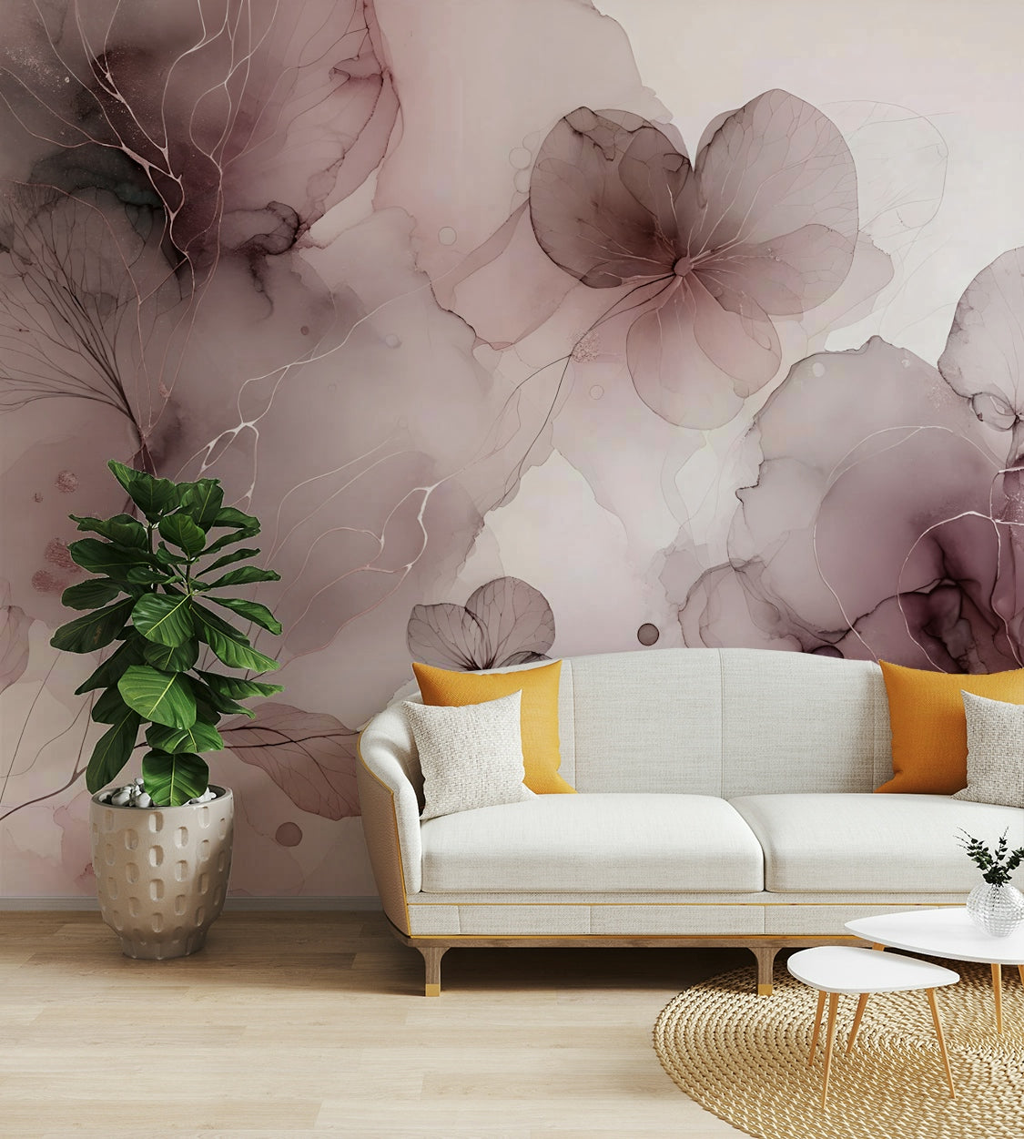 Contemporary blush-toned botanical mural design

