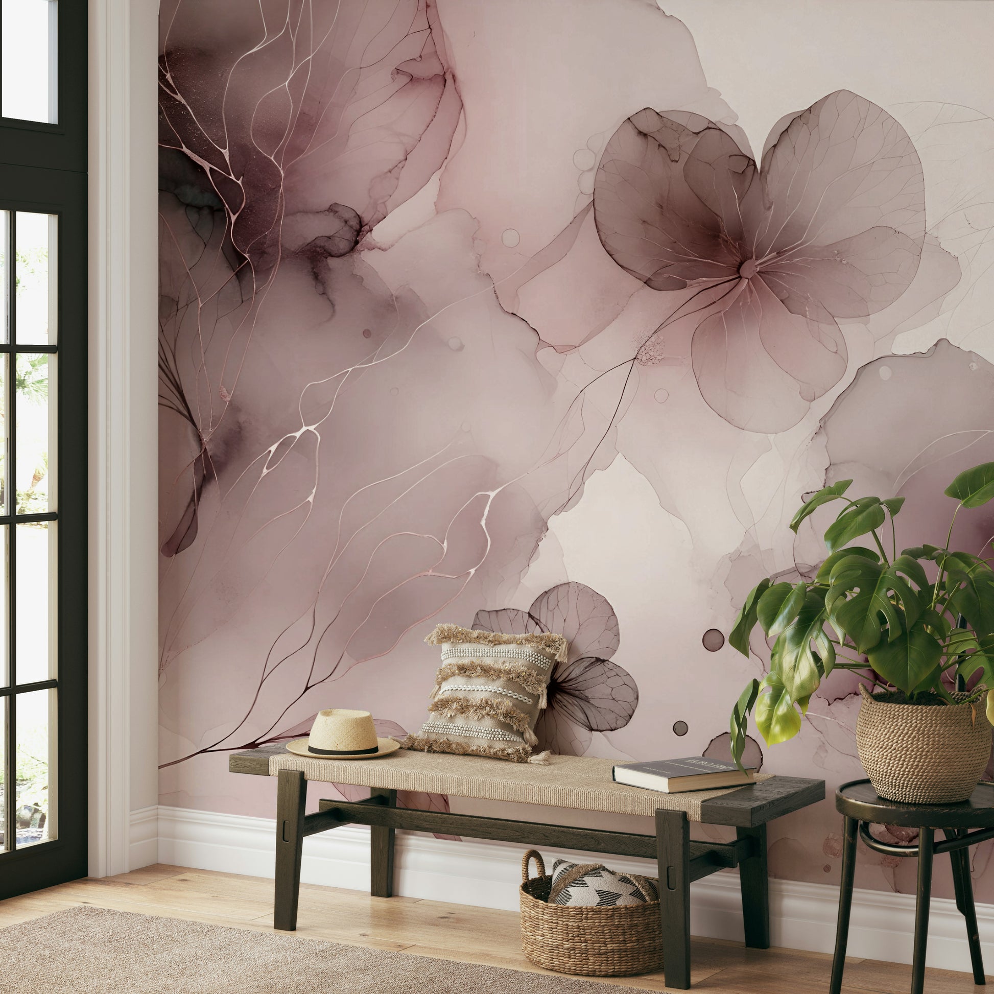 Serene botanical wall mural with blush tones

