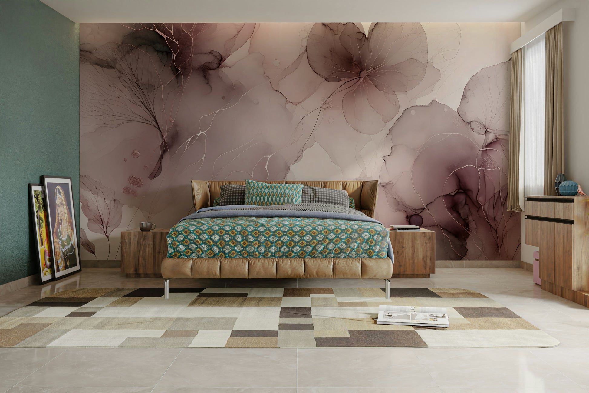 Blush botanical wall mural with delicate details

