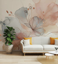 Soft blush botanical wall mural for peaceful bedrooms.

