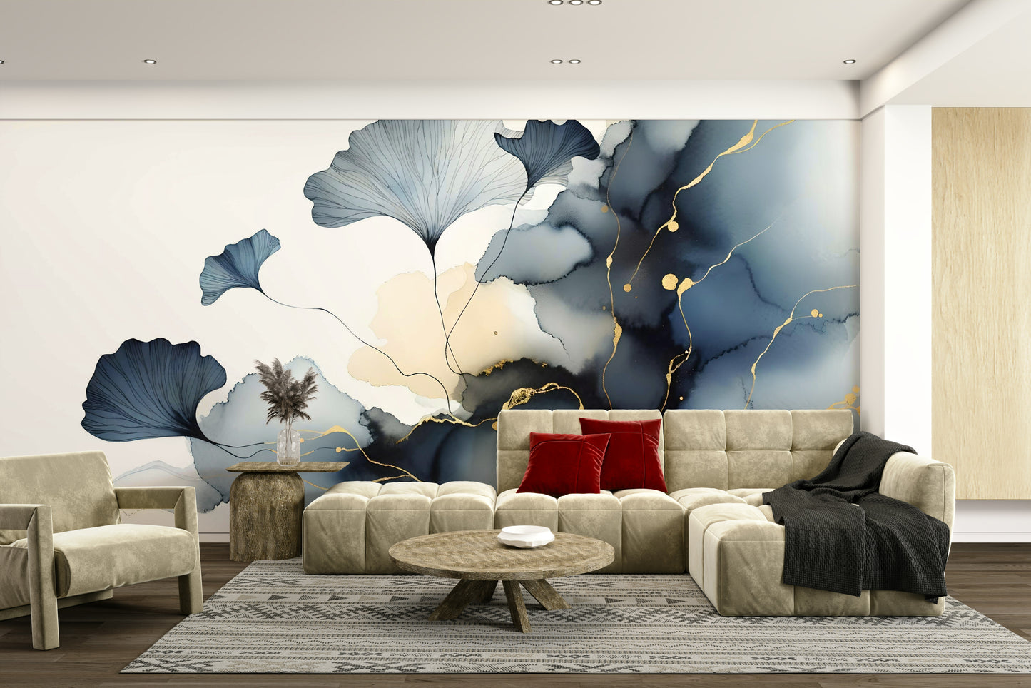Elegant Ginkgo Veil wall mural with gold and neutral tones.

