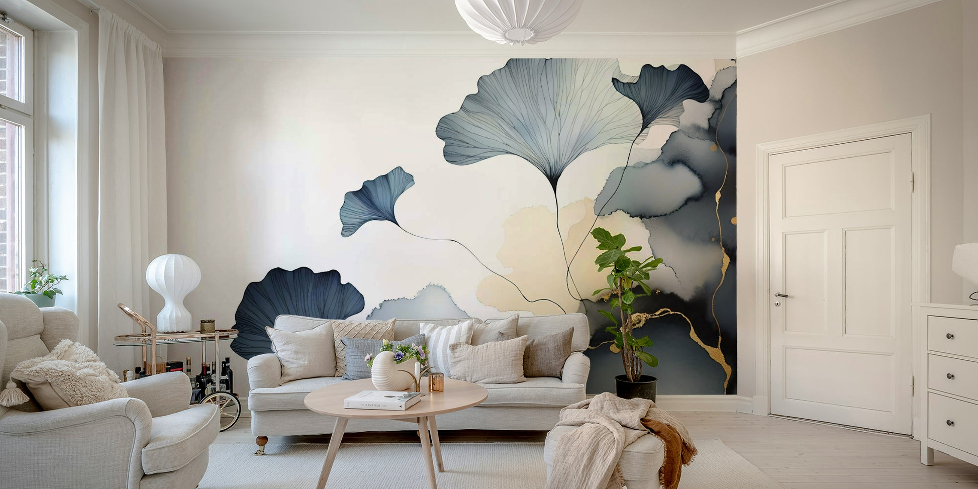 Soft ginkgo leaf mural in flowing, elegant patterns.

