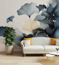 Sophisticated wall mural with veiled ginkgo foliage.

