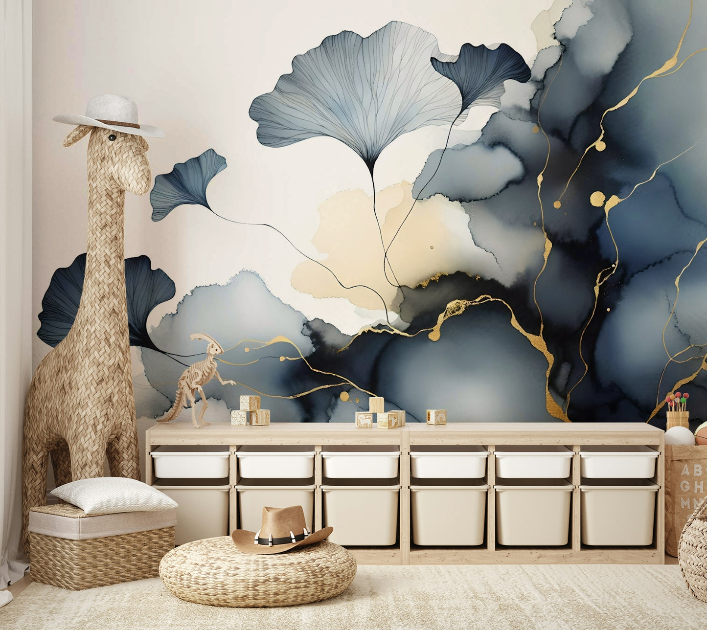 Ginkgo leaf mural with soft veiling and metallic accents.


