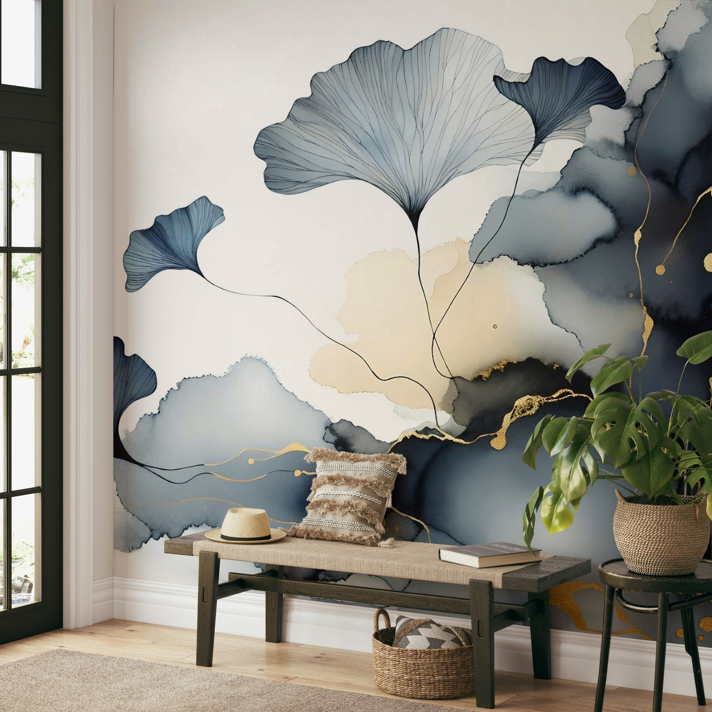Delicate ginkgo leaf wallpaper with sheer layered effect.

