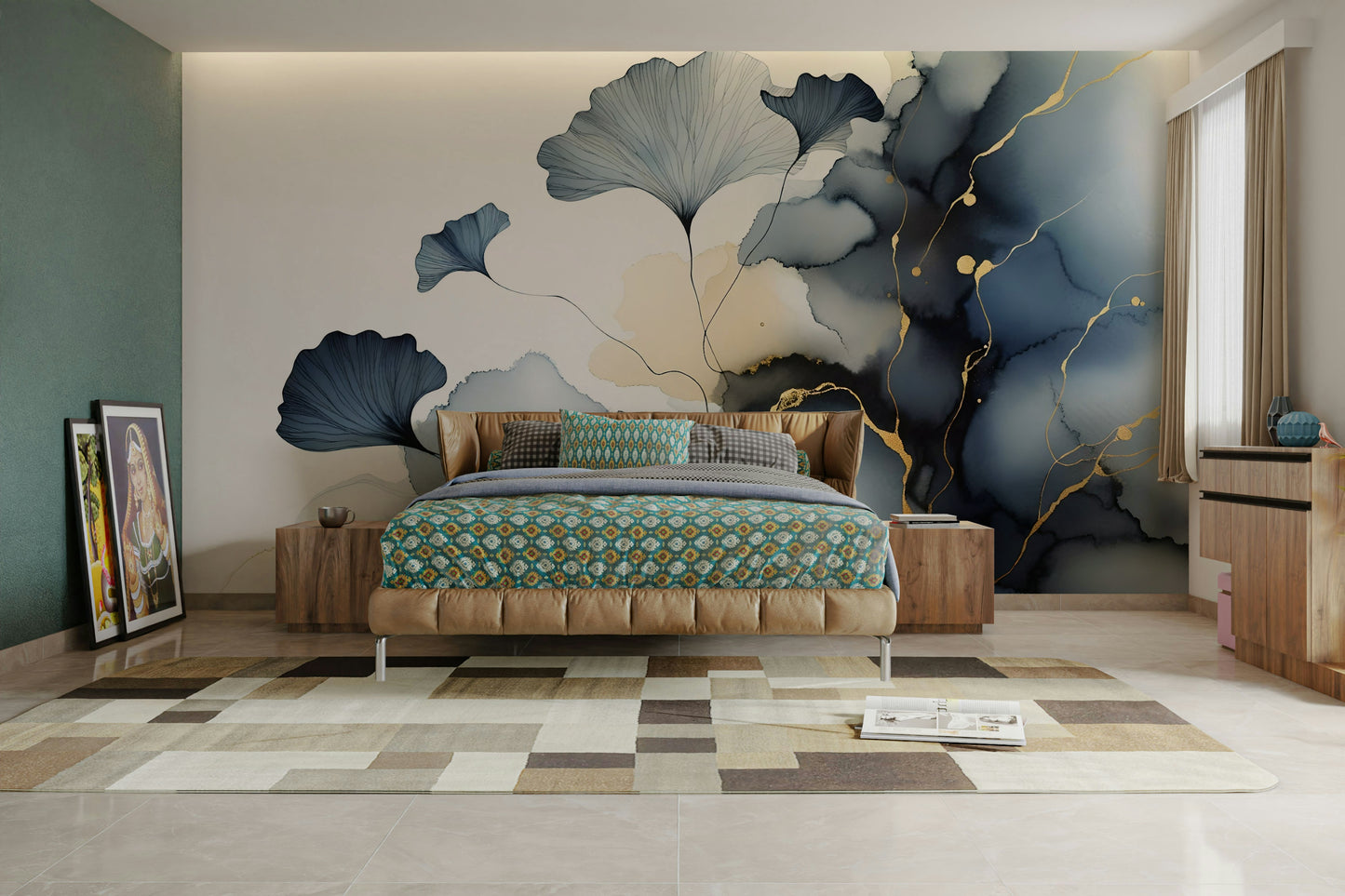 Graceful ginkgo mural with botanical-inspired design.

