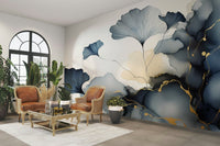 Sheer-style ginkgo mural with flowing golden elements.

