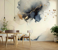 Decorative wall mural with gilded botanical patterns.

