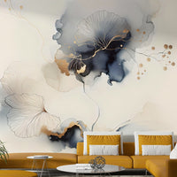 Nature-inspired mural with gold-etched leaves and stems.

