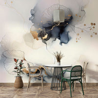 Luxurious floral mural with metallic botanical elements.

