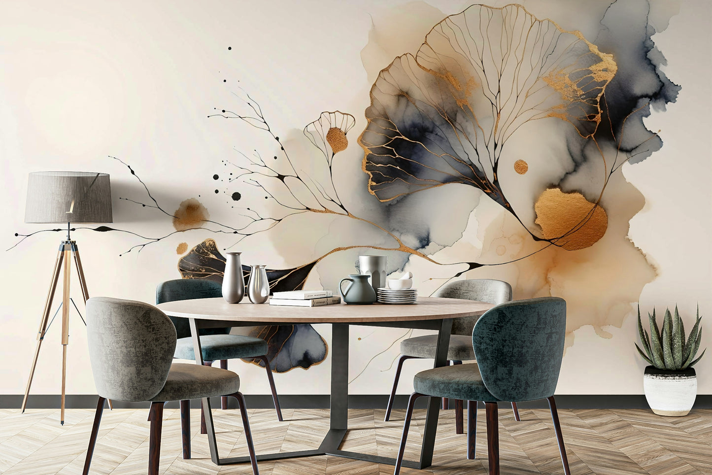 Sophisticated gold mural with delicate ginkgo silhouettes.

