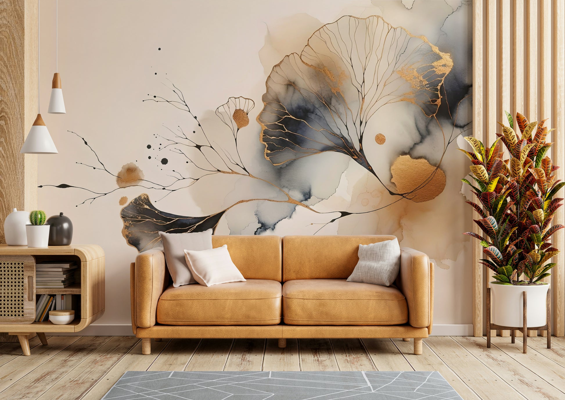Ginkgo leaf mural in shimmering gold on neutral tones.


