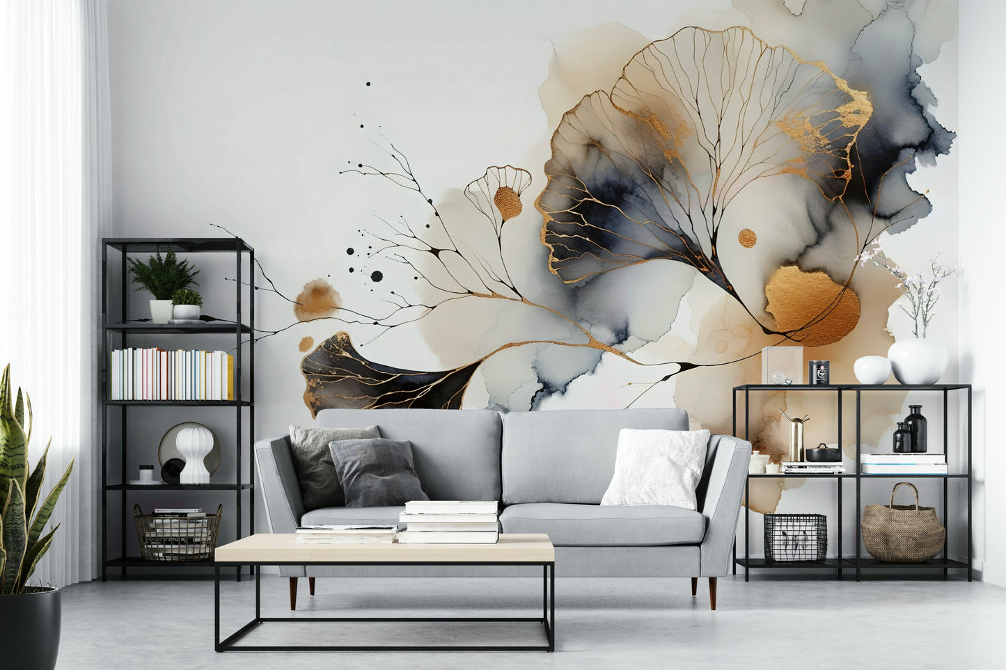 Botanical mural featuring stylized ginkgo leaves in gold.

