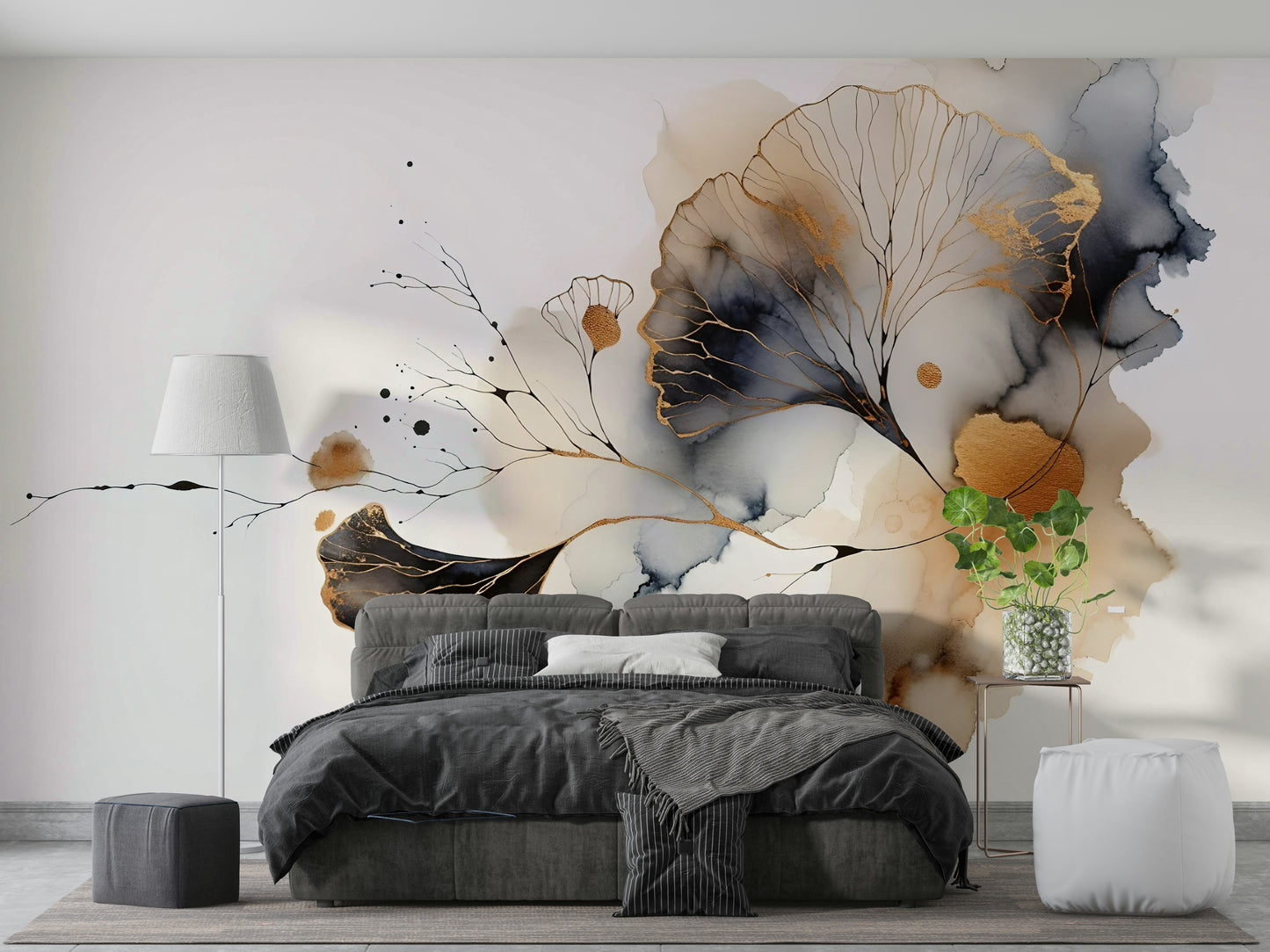 Elegant ginkgo leaf mural with metallic gold accents.

